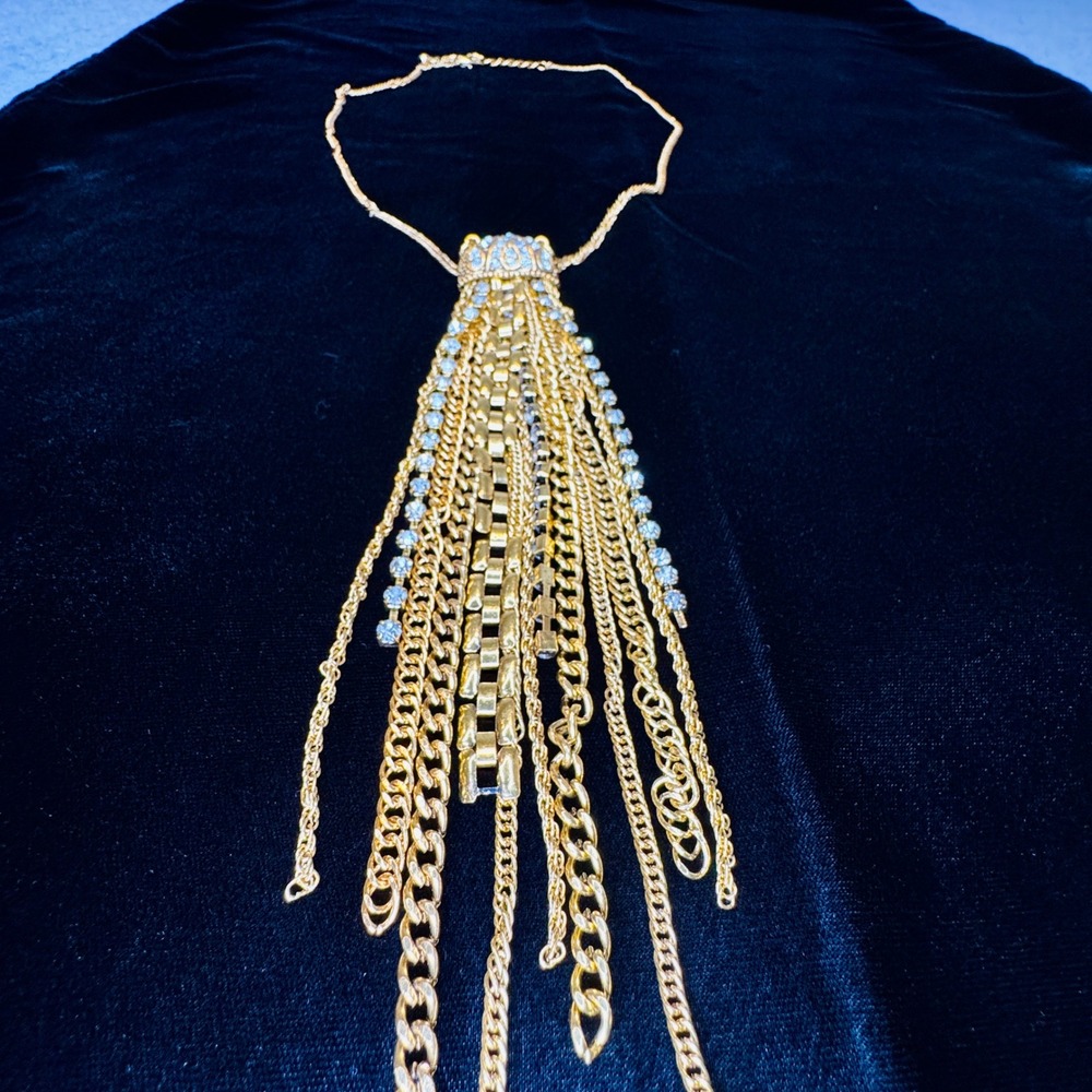 Gold Tone Rhinestone Waterfall Tassel Statement Necklace Set Earrings Fashion - Picture 2 of 9